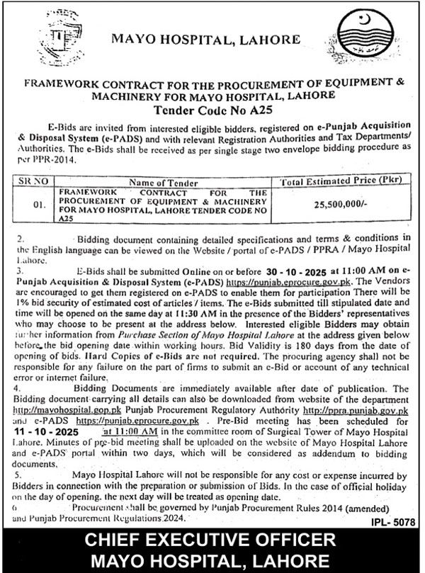 Mayo Hospital Lahore Tender Notice